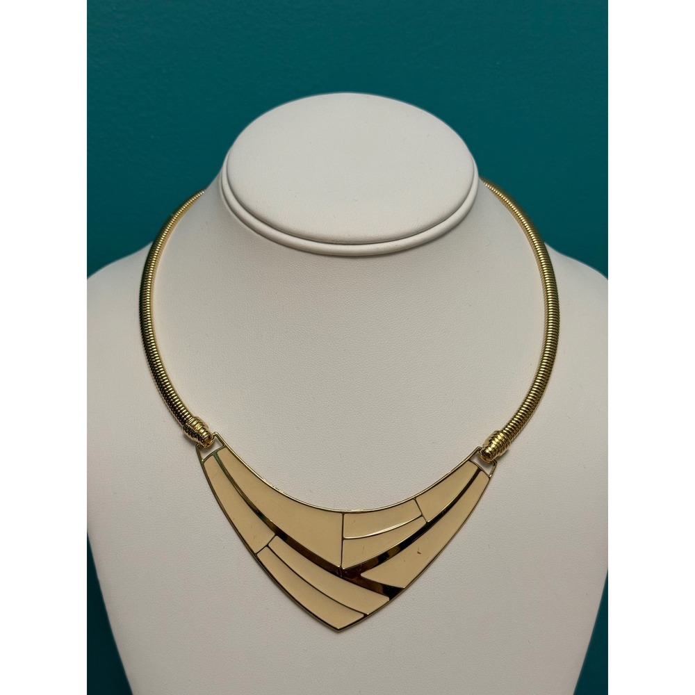 Vintage Trifari Collar Necklace Gold Cream Enamel Geometric Chocker Bib Deco